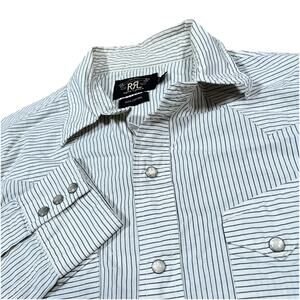 RRL Ralph Lauren Western Shirt Small White Pinstripe Snap Button Stain Flawed